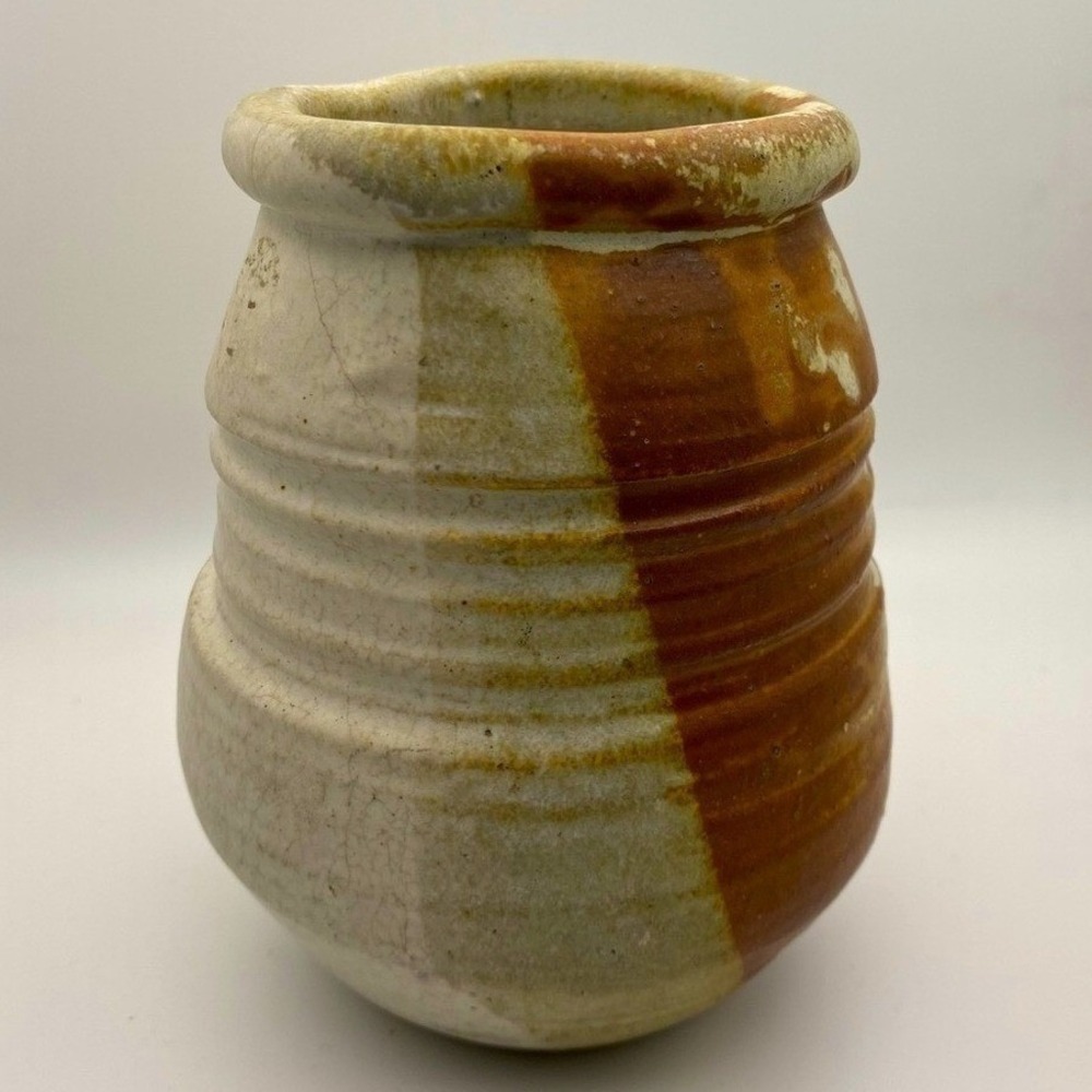 Studio Pottery Vase Earth Tones Textured Organic Signed Bottom Rustic Farmhouse